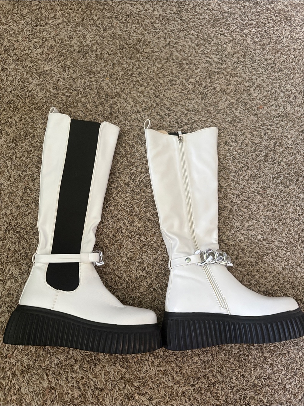 Nasty Gal White Platform Knee-High Boots with Chain Accent. Size 8